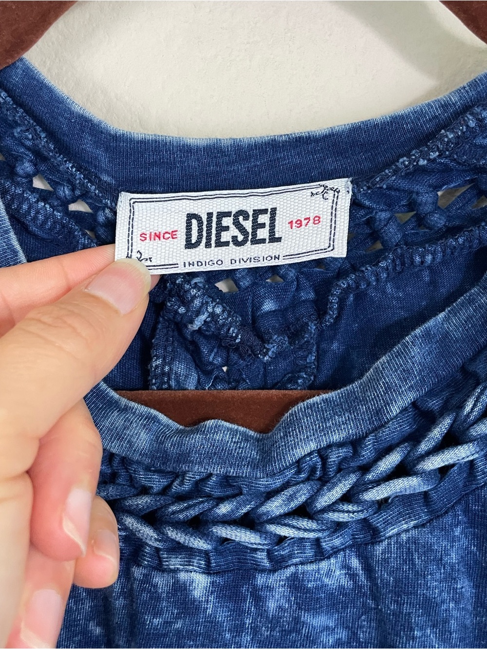 Diesel women’s Braided‎ Trim Indigo Denim Short Sleeve Cotton Tee Size Medium - Picture 2 of 6